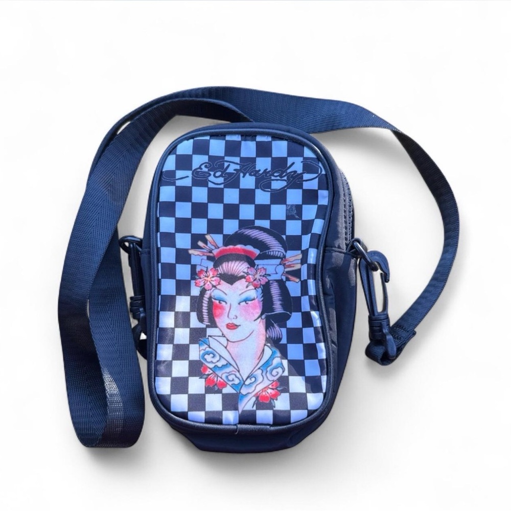Ed Hardy Geisha Blue Checkered Crossbody Bag